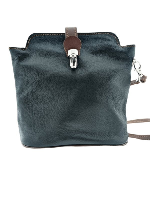 Italian Leather Crossbody Bag with Zip Pocket- Spalle Piccole- Black & Tan - British D'sire