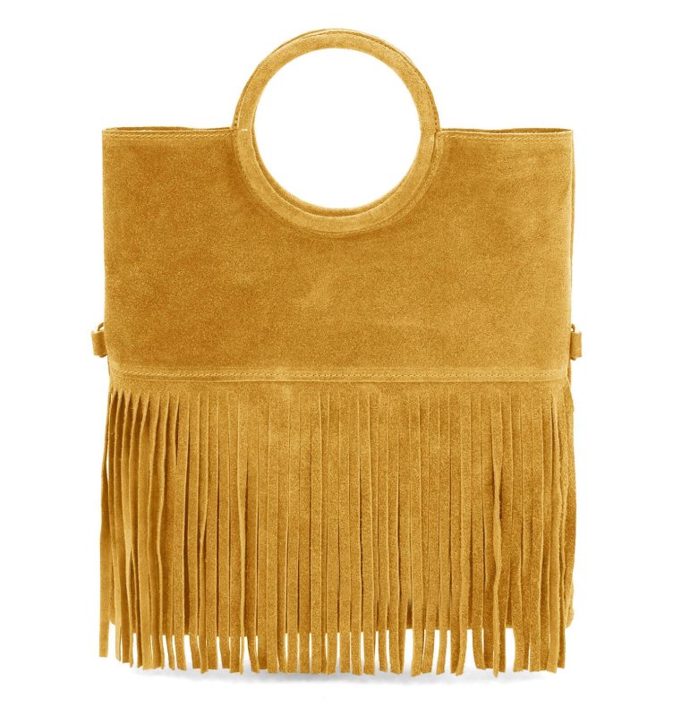 Italian Leather Suede Leather Circle Handle with Fringes Handbag - Swolit Giulia-Light Tan - British D'sire