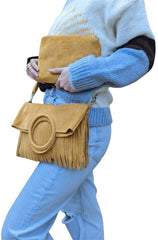 Italian Leather Suede Leather Circle Handle with Fringes Handbag - Swolit Giulia-Light Tan - British D'sire