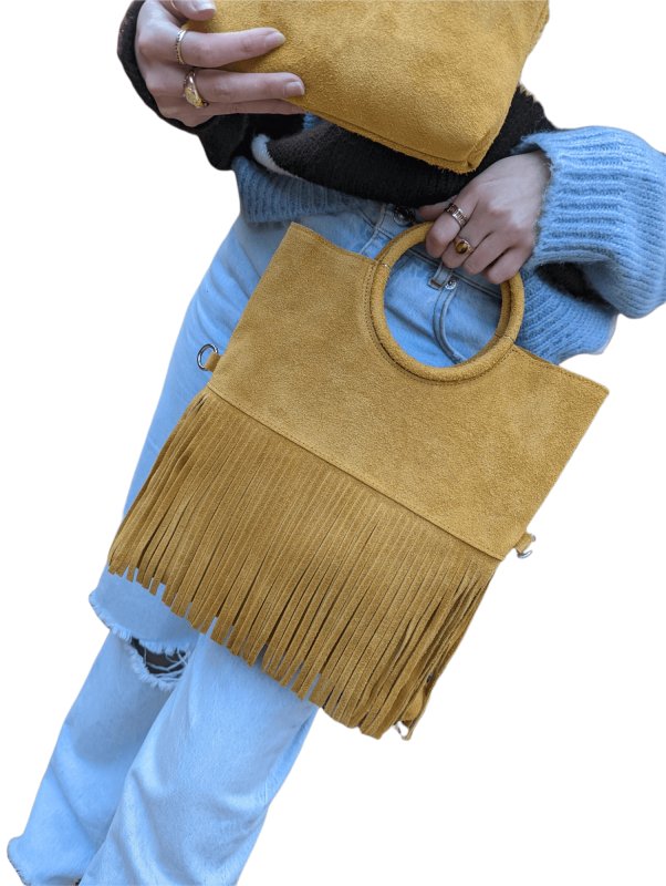 Italian Leather Suede Leather Circle Handle with Fringes Handbag - Swolit Giulia-Light Tan - British D'sire