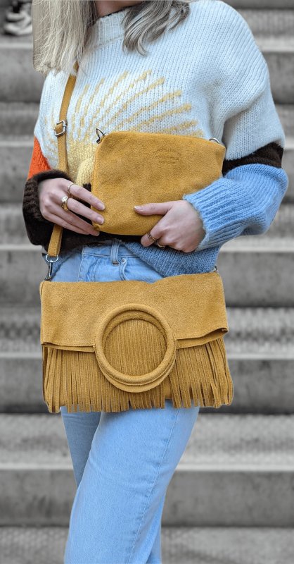 Italian Leather Suede Leather Circle Handle with Fringes Handbag - Swolit Giulia-Light Tan - British D'sire