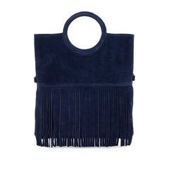 Italian Leather Suede Leather Circle Handle with Fringes Handbag with matching Crossbody bag - Swolit Giulia-Navy - British D'sire