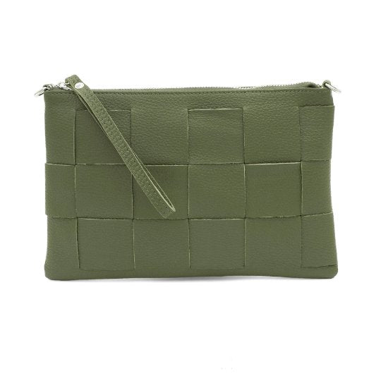 Italian Leather Woven Crossbody Bag / Clutch - Swolit Capri Olive Green - British D'sire