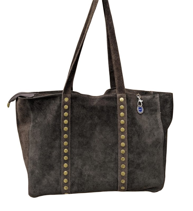 Italian Stylish Studded Suede Leather Soft Tote Shopper Swolit - Popolare Brown - British D'sire