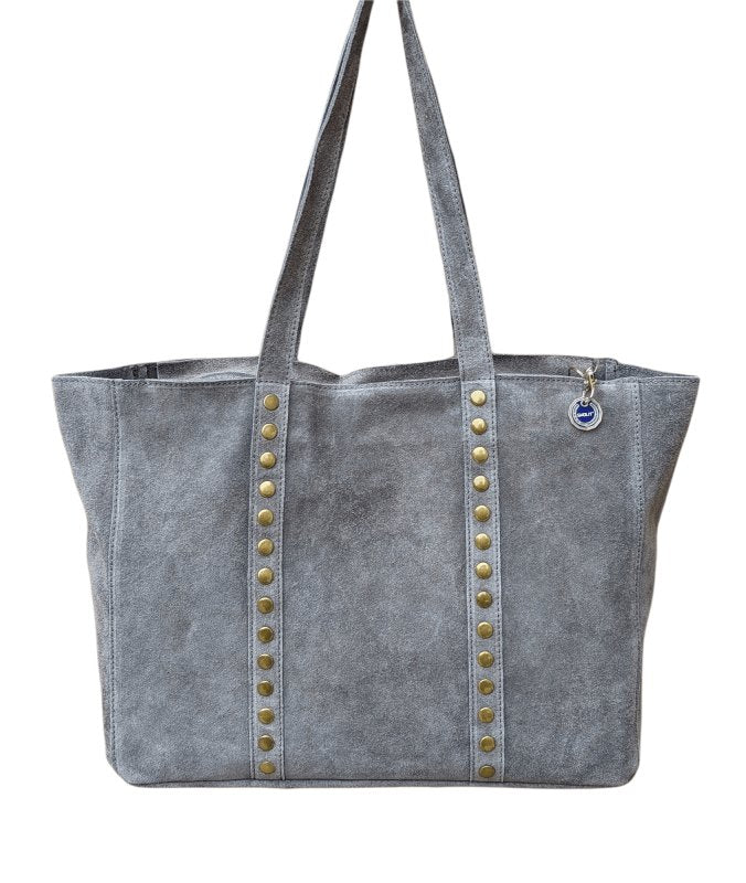 Italian Stylish Studded Suede Leather Soft Tote Shopper Swolit - Popolare - Grey - British D'sire