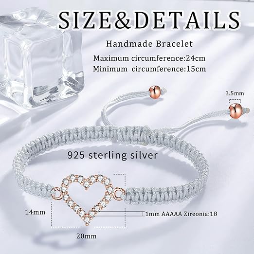 J.Endéar Heart Bracelet for Girls, 925 Sterling Silver inlaid with Zirconia Handmade Braided Filigree Rope Bracelet Gift - Bracelets - British D'sire