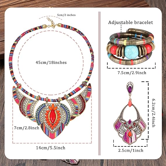 Kakonia 3Pcs African Ethnic Jewellery Set for Women Earrings Native American Bohemian Style Tribal Necklace Bracelet Statement Beaded Choker Costume Boho Vintage Dangle Jewellery - Jewellery & Watches - British D'sire