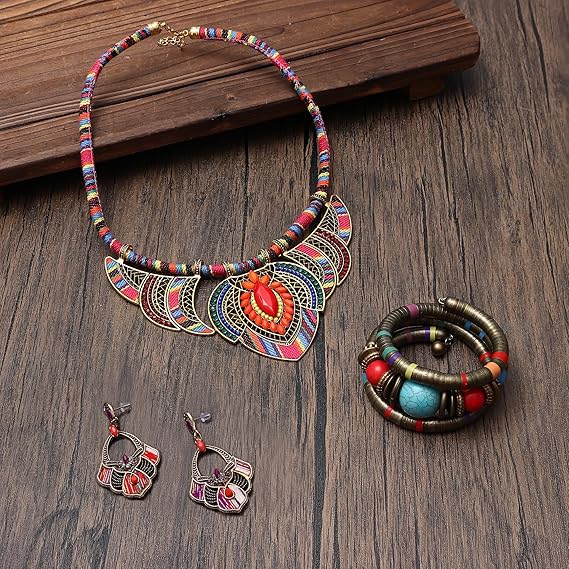 Kakonia 3Pcs African Ethnic Jewellery Set for Women Earrings Native American Bohemian Style Tribal Necklace Bracelet Statement Beaded Choker Costume Boho Vintage Dangle Jewellery - Jewellery & Watches - British D'sire