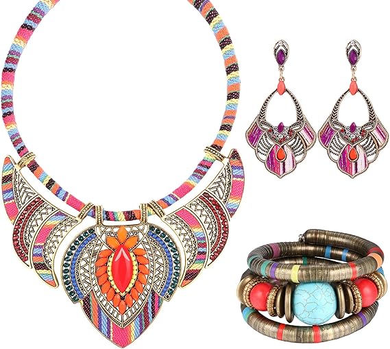 Kakonia 3Pcs African Ethnic Jewellery Set for Women Earrings Native American Bohemian Style Tribal Necklace Bracelet Statement Beaded Choker Costume Boho Vintage Dangle Jewellery - Jewellery & Watches - British D'sire