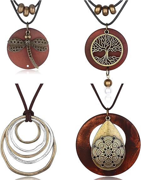 KALVICA 4 PCS Wooden Necklaces for Women Girl,Long Vintage Pendant Natural Wood Necklace,Ethnic Style Pendant Necklace - Jewellery & Watches - British D'sire