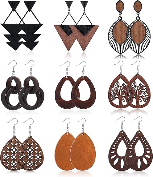 KALVICA 9 Pairs Wooden Earrings for Women Girl, African Earrings, Natural Wood Teardrop Earrings, Ethnic Style Pendant Earrings, 316L Stainless Steel Hook - Jewellery & Watches - British D'sire