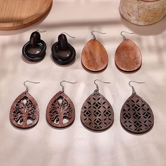 KALVICA 9 Pairs Wooden Earrings for Women Girl, African Earrings, Natural Wood Teardrop Earrings, Ethnic Style Pendant Earrings, 316L Stainless Steel Hook - Jewellery & Watches - British D'sire