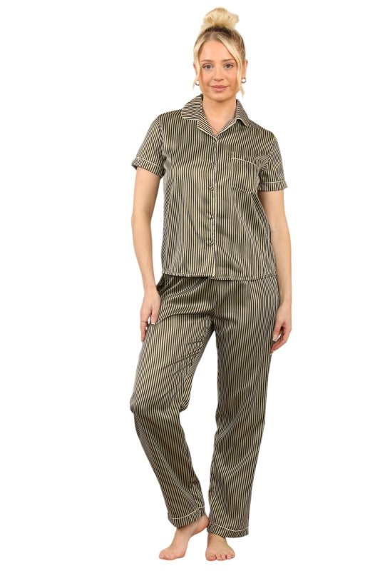 Khaki with Black Stripe Satin Pajama Set – Chic & Comfortable Striped Loungewear for Women - Loungewear pjs - British D'sire