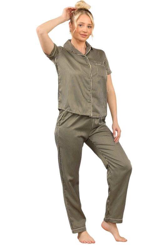 Khaki with Black Stripe Satin Pajama Set – Chic & Comfortable Striped Loungewear for Women - Loungewear pjs - British D'sire