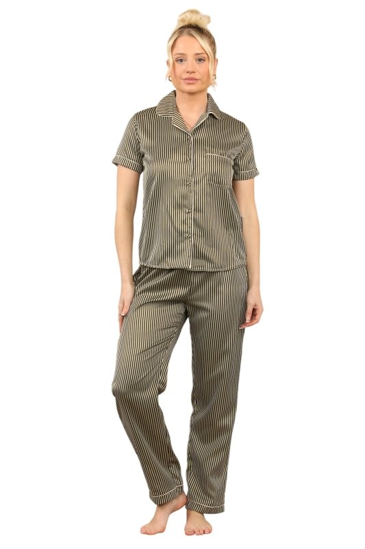 Khaki with Black Stripe Satin Pajama Set – Chic & Comfortable Striped Loungewear for Women - Loungewear pjs - British D'sire