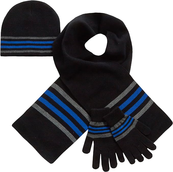 Kids Boys Winter Matching Set Hat Scarf Mittens Gloves Head Cover Black Stripes Size 2 - 13 Years - British D'sire