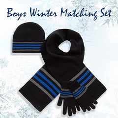 Kids Boys Winter Matching Set Hat Scarf Mittens Gloves Head Cover Black Stripes Size 2 - 13 Years - British D'sire