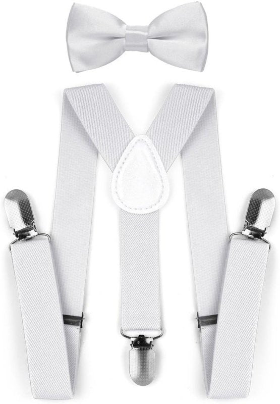 Kids Toddler Adjustable Elastic Fashion Suspenders Bow Tie Necktie Set (White) - British D'sire