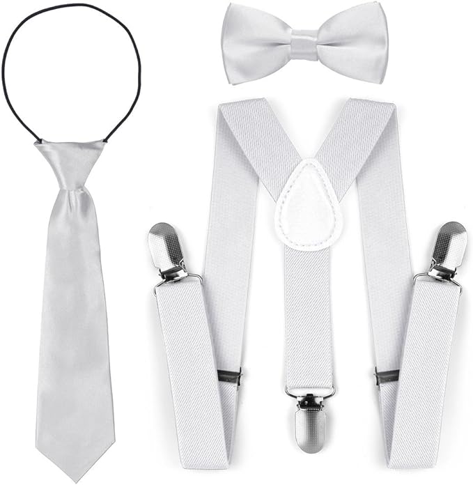 Kids Toddler Adjustable Elastic Fashion Suspenders Bow Tie Necktie Set (White) - British D'sire