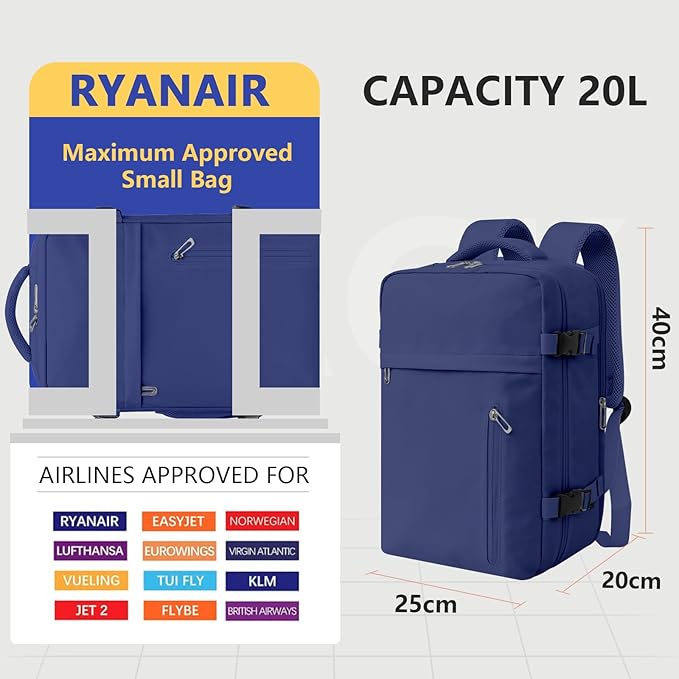 KIRFEIHT Cabin Bags 40x20x25 for Ryanair Underseat Carry - Ons Travel Backpack - Hand Luggage Backpack Cabin Bag Size 20L - Daypack School Office Bag with USB Port - Luggage & Bags - British D'sire