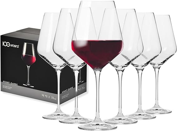 Krosno Large Red Wine Glasses Set of 6 | 490 ML | Avant-Garde Collection | Big Crystal Wine Glasses, Wine Tasting Set, White Wine Glasses | Flat Bottom Wine Glasses | Dishwasher Safe Wine Glass - British D'sire