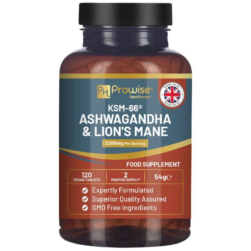 KSM - 66 Ashwagandha and Lions Mane Tablets - High Strength 2200mg | KSM - 66 Ashwagandha Root Extract and Lions Mane Mushroom Extract - 120 Vegan Tablets with Black Pepper - UK Made by Prowise - British D'sire