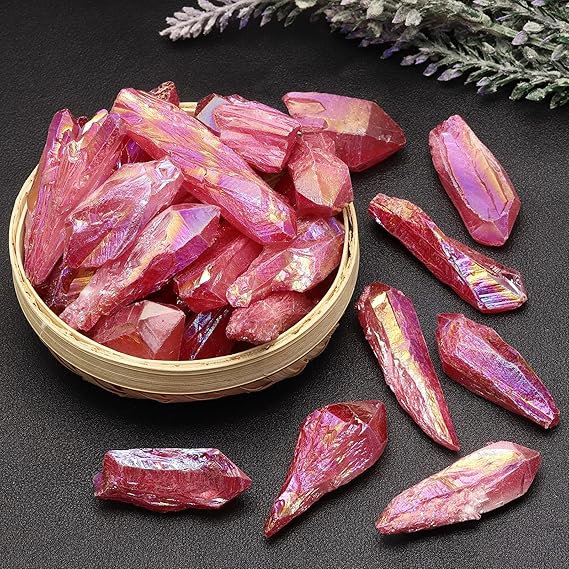 KYEYGWO 1 lb Titanium Coated Raw Rock Crystal Points Bulk Irregular Rough Quartz Stone Wands Kit Without Drilled for Jewellery Making DIY Art Craft, Red - Gemstones - British D'sire