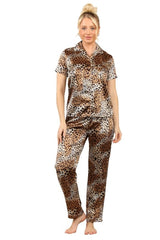 Leopard Satin Print Pajama Set – Stylish & Comfortable Animal Print Sleepwear for Women - Loungewear - British D'sire