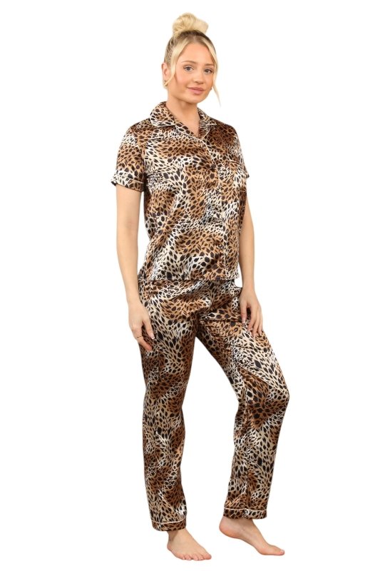 Leopard Satin Print Pajama Set – Stylish & Comfortable Animal Print Sleepwear for Women - Loungewear - British D'sire