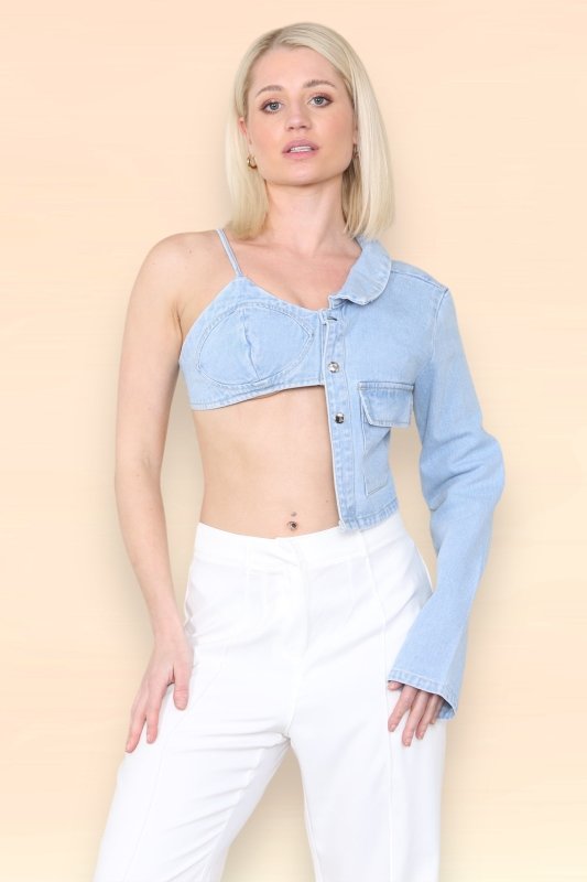 Light Blue wash one Sleeve denim top - Crop Top - British D'sire