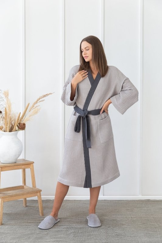 Light Grey and Grey linen waffle robe two tones - Two tones Robes - British D'sire