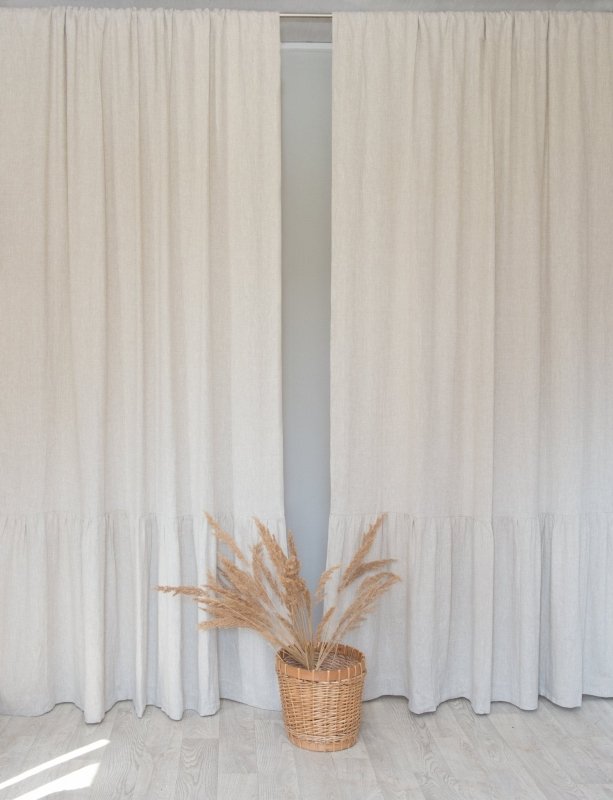 Light Grey linen curtain with ruffles, rod pocket - Ruffled curtains - British D'sire