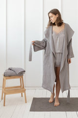 Light grey linen waffle robe with hoodie - Robes with hoodie - British D'sire