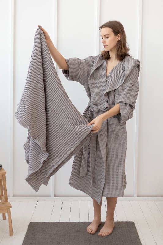 Light grey linen waffle robe with hoodie - Robes with hoodie - British D'sire