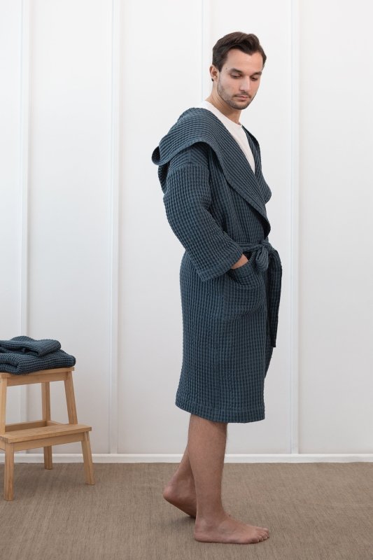 Light grey linen waffle robe with hoodie - Robes with hoodie - British D'sire