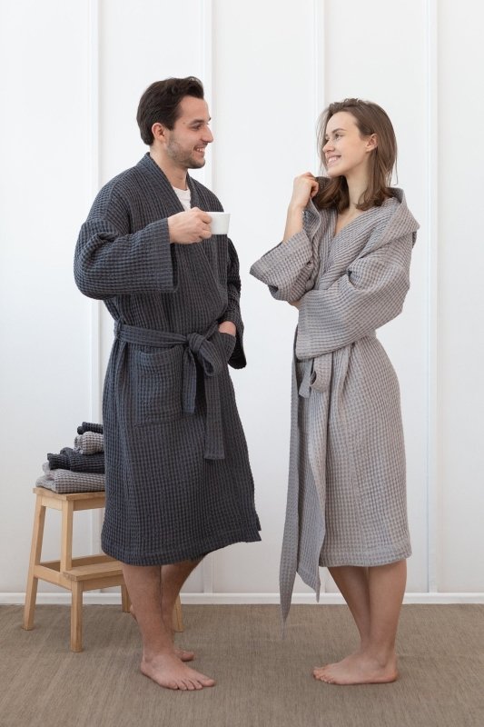 Light grey linen waffle robe with hoodie - Robes with hoodie - British D'sire