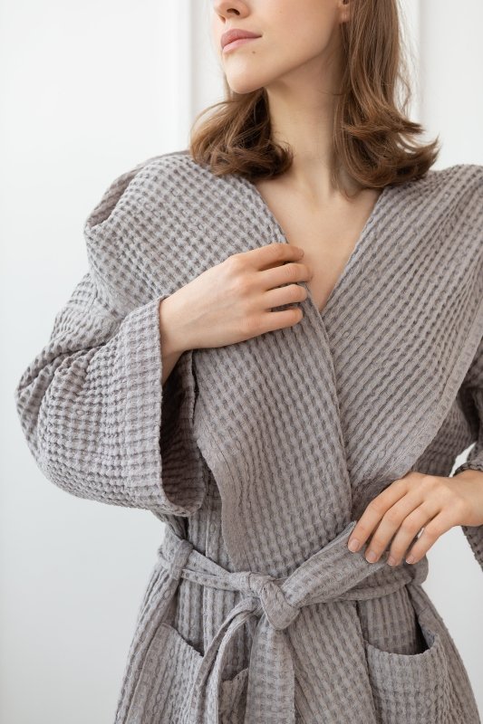 Light grey linen waffle robe with hoodie - Robes with hoodie - British D'sire