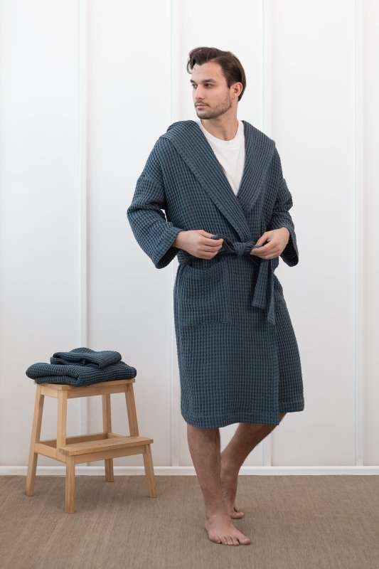 Light grey linen waffle robe with hoodie - Robes with hoodie - British D'sire