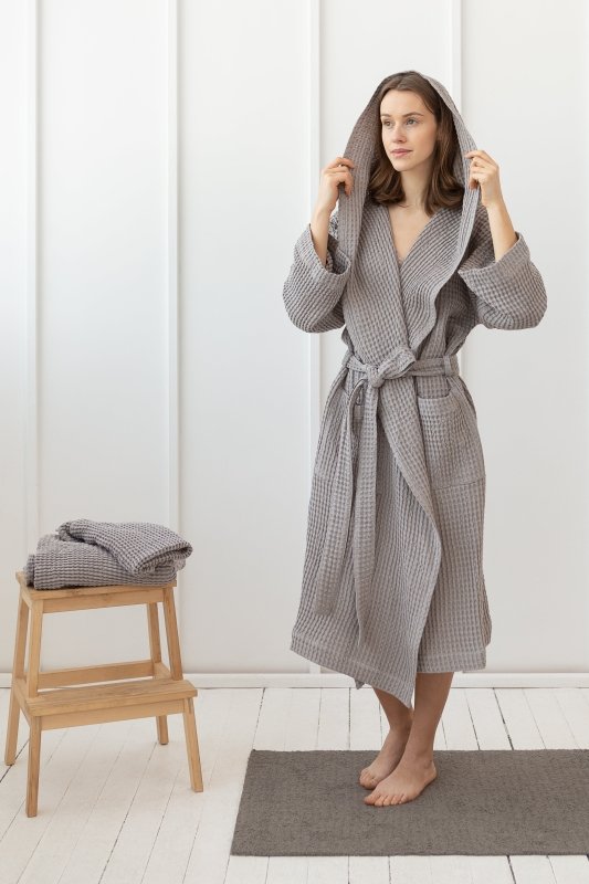 Light grey linen waffle robe with hoodie - Robes with hoodie - British D'sire