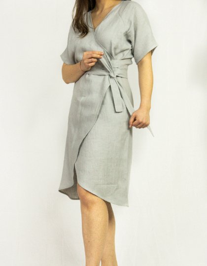 Light Grey linen wrap dress - Women's Clothing - British D'sire