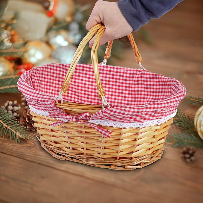 Lightweight Honey Color Wicker Shopping Basket with Foldable Handles Red Gingham Cotton Liner Gift Hampers Gift Basket - Shopping Baskets - British D'sire