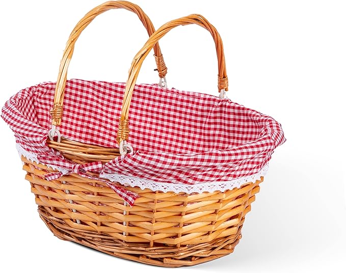 Lightweight Honey Color Wicker Shopping Basket with Foldable Handles Red Gingham Cotton Liner Gift Hampers Gift Basket - Shopping Baskets - British D'sire