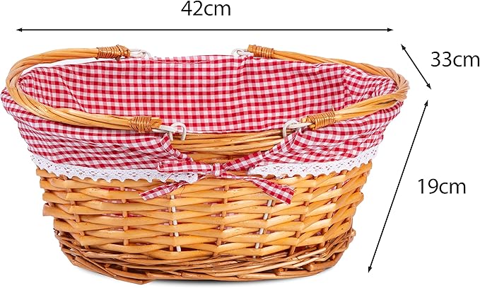 Lightweight Honey Color Wicker Shopping Basket with Foldable Handles Red Gingham Cotton Liner Gift Hampers Gift Basket - Shopping Baskets - British D'sire