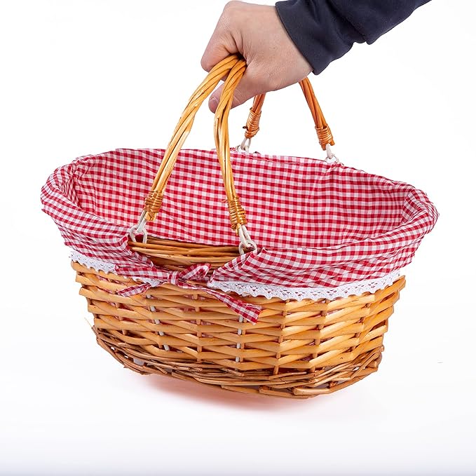 Lightweight Honey Color Wicker Shopping Basket with Foldable Handles Red Gingham Cotton Liner Gift Hampers Gift Basket - Shopping Baskets - British D'sire