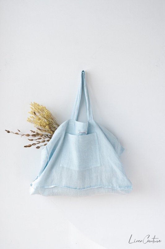 Linen beach bag with pocket and zipper in Baby Blue - Beach Bags - British D'sire