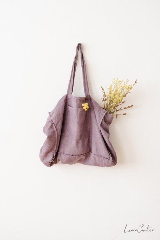 Linen beach bag with pocket and zipper in Pastel Plum - Beach Bags - British D'sire