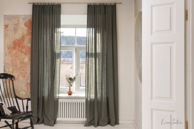 Linen curtain with pleating tape and crown in Safari green - Pleating tape - British D'sire