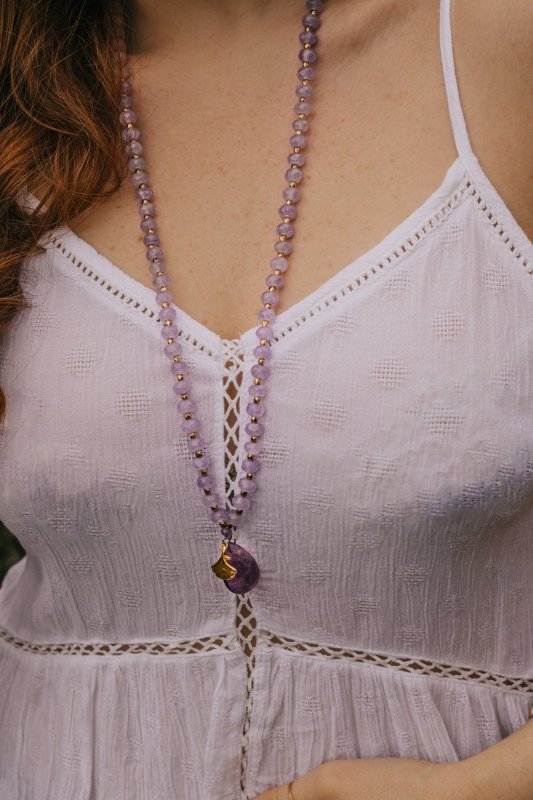 Long Length Amethyst Stone Necklace with Gold Tone Detail - Necklaces - British D'sire