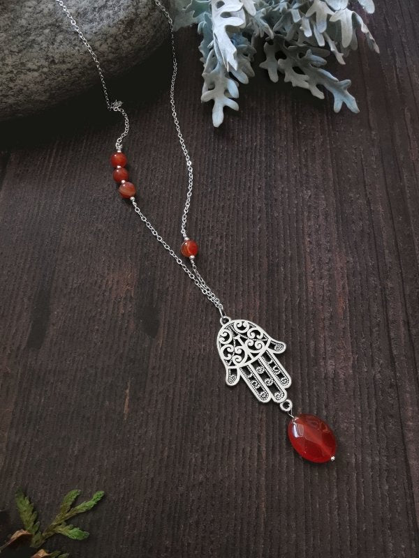 Long Length Sterling Silver Hamsa Hand Agate Semi Precious Stone Necklace - Necklaces - British D'sire