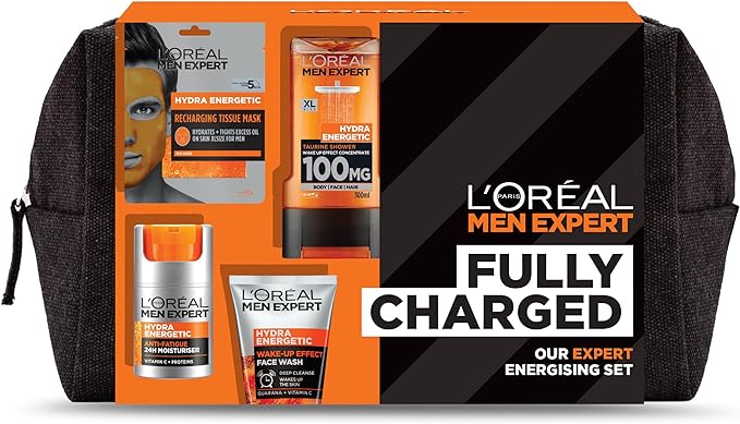 L'Oreal Men Expert Gift Set for Men, Hydra Energetic Fully Charged Washbag: Shower Gel, Moisturiser for Men, Sheet Face Mask and Face Wash - British D'sire